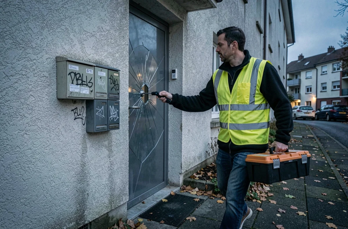 Serrurier D&eacute;pann'S&eacute;cu 92 intervenant en urgence sur une porte endommag&eacute;e d'un immeuble &agrave; Colombes