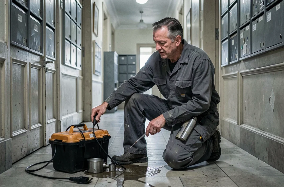 Plombier D&eacute;pannage 24 intervenant de nuit dans un couloir d'immeuble lyonnais pour une fuite d'eau