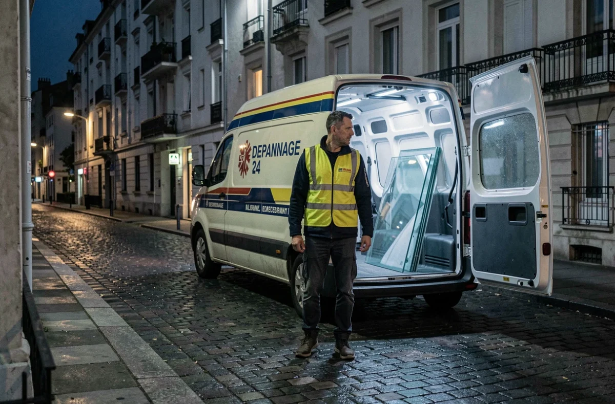 Vitrier d'urgence Depannage 24 intervenant de nuit dans une rue de Lyon avec son v&eacute;hicule d'intervention