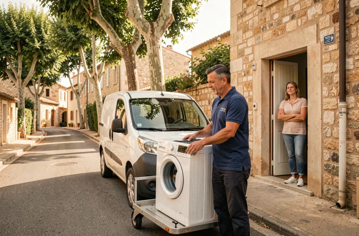Technicien chargeant un électroménager réparé dans son van devant une maison de Salon-de-Provence