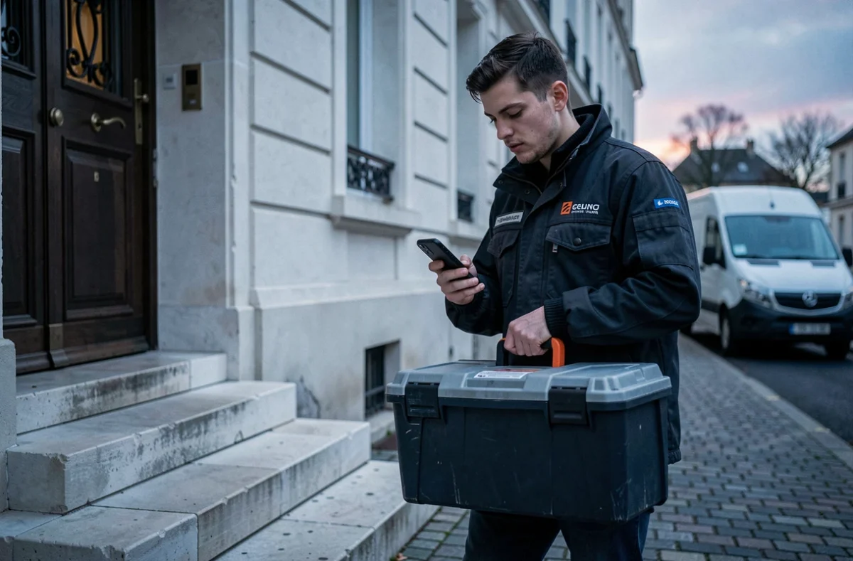 &Eacute;lectricien Depanneo Angers arrivant en urgence avec sa bo&icirc;te &agrave; outils devant un immeuble r&eacute;sidentiel &agrave; la tomb&eacute;e du jour