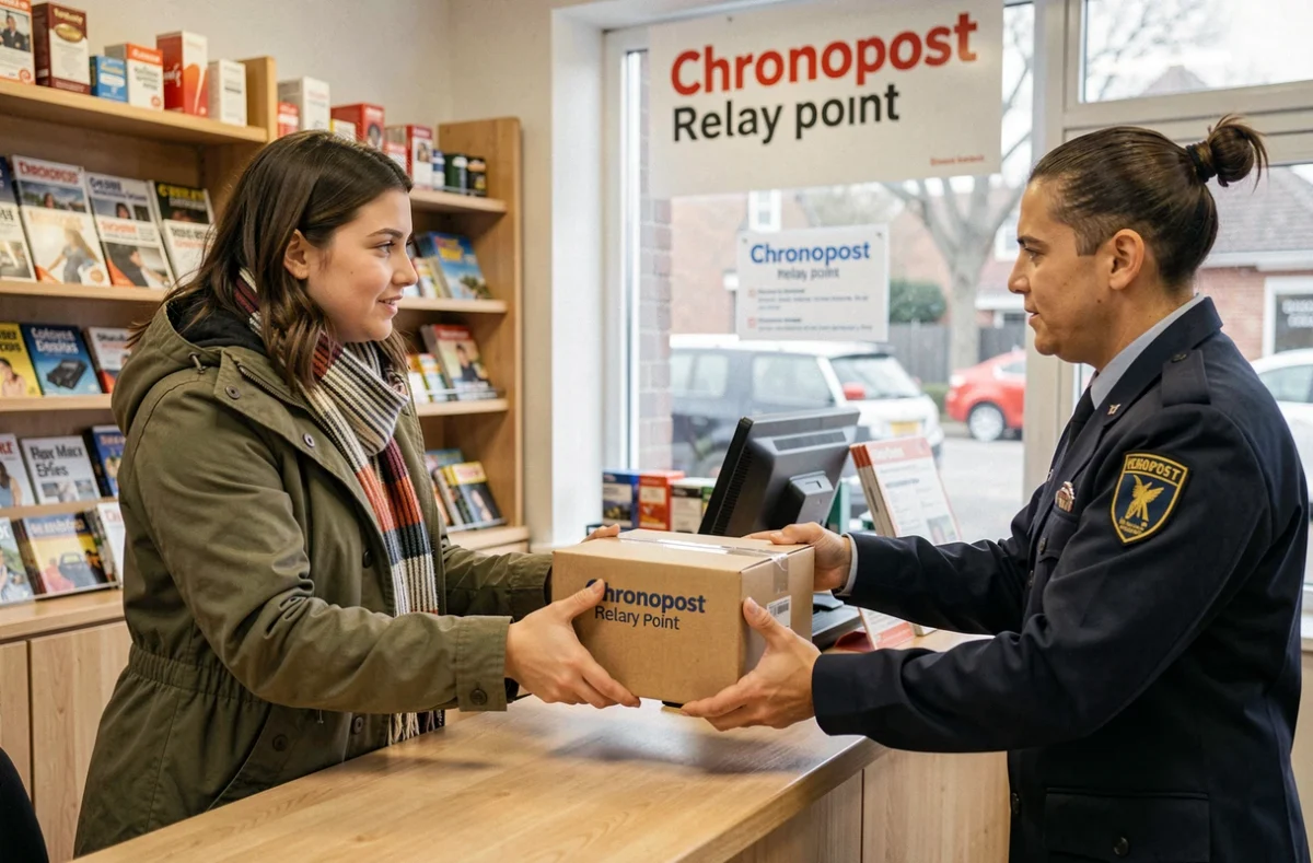 Jeune femme remettant un colis Chronopost à un commerçant dans un point relais de quartier