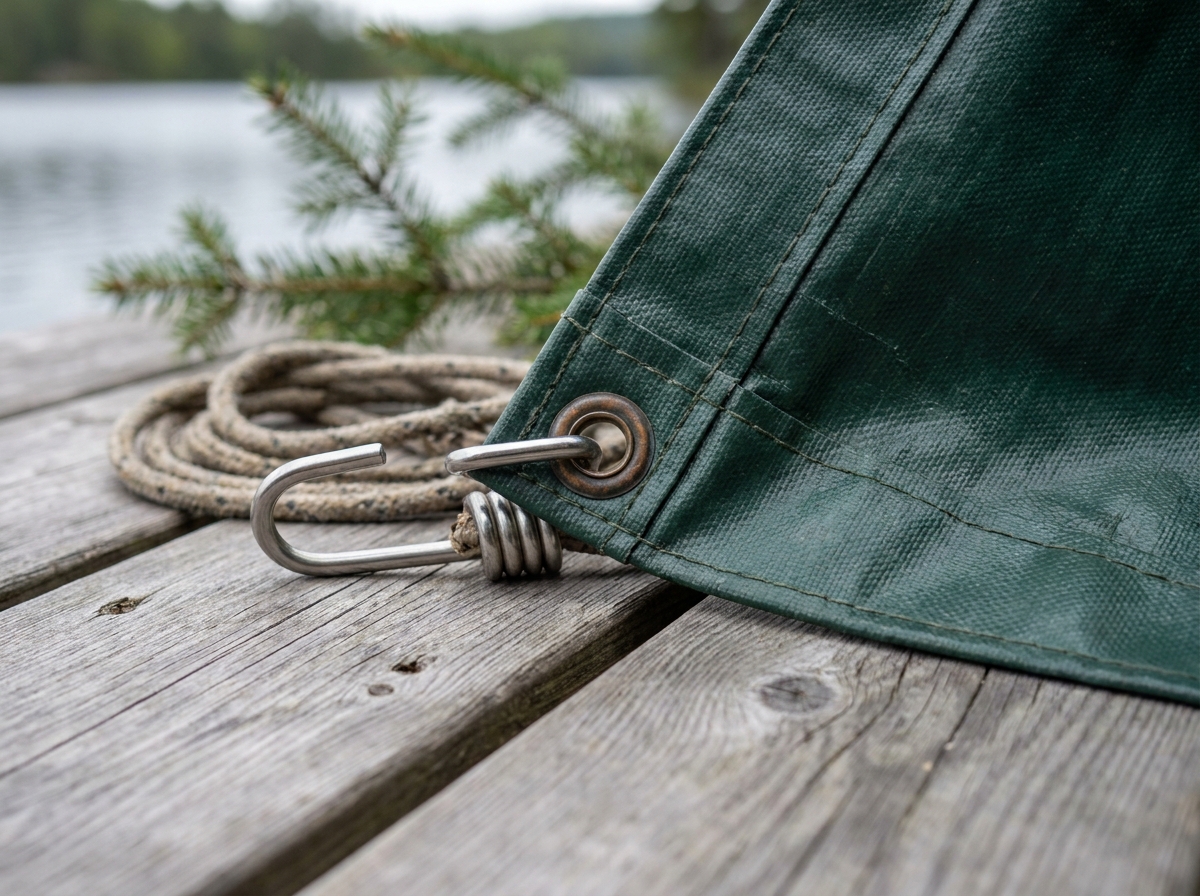 Gros plan sur l'&oelig;illet renforc&eacute; et la couture double d'une b&acirc;che sur mesure verte fix&eacute;e sur une terrasse en bois