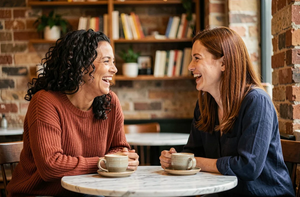Deux femmes riant ensemble dans un café chaleureux, illustrant la joie partagée et le bonheur intérieur évoqués par des citations inspirantes sur le sourire