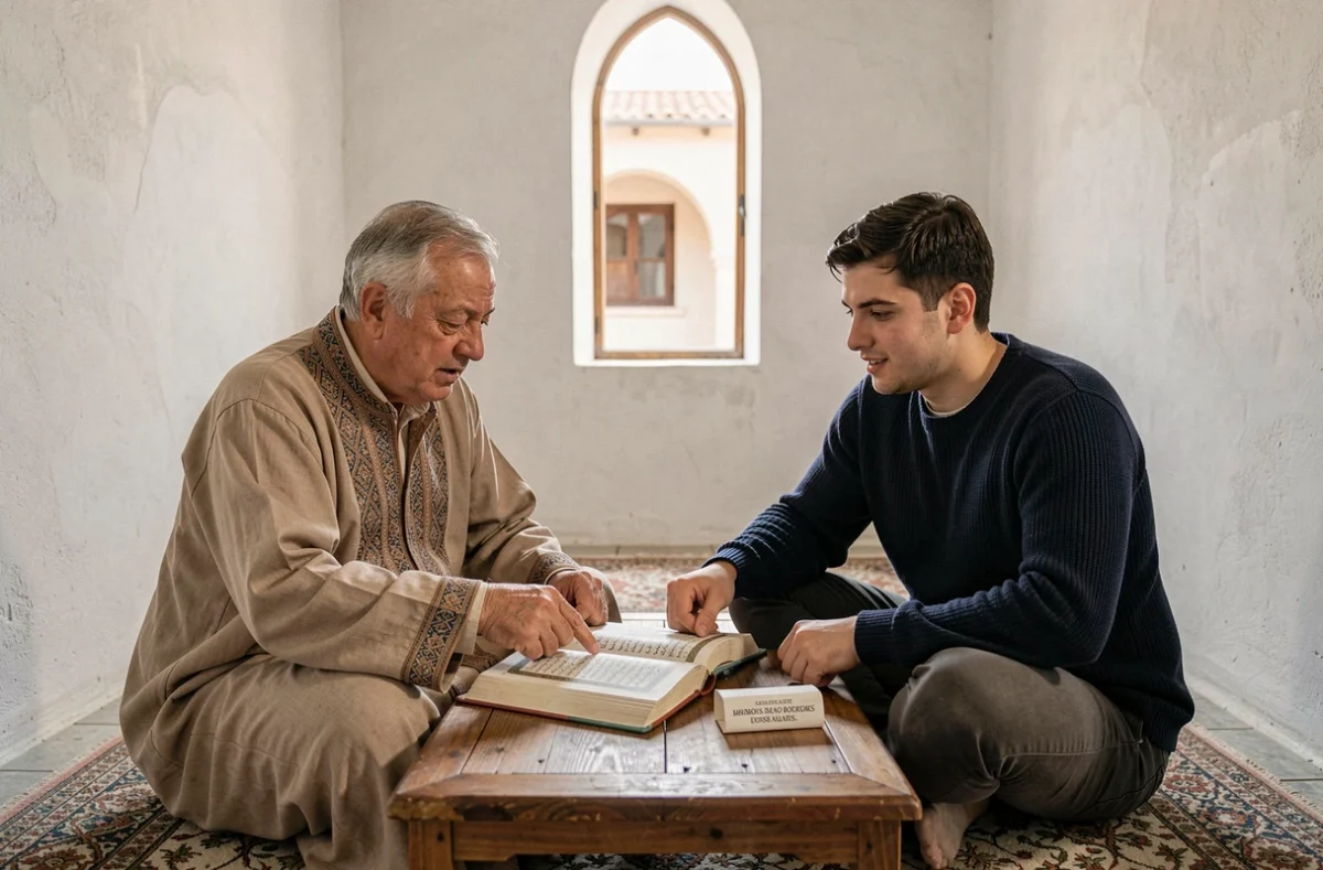 Deux hommes discutant de la lecture de la sourate Al Mulk en arabe et en français dans une salle de mosquée