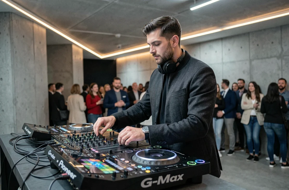 DJ G-Max derrière sa table de mixage dans une salle événementielle moderne avec équipement Pioneer professionnel