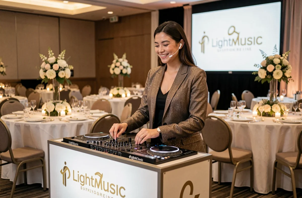 DJe Lightmusic souriante derrière son booth lors d'un gala d'entreprise dans une salle de réception moderne
