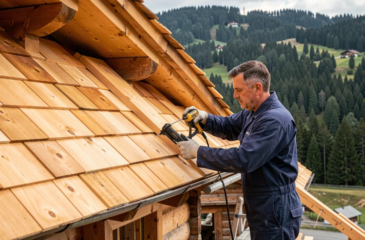Couvreur Douay posant des bardeaux en bois sur un chalet alpin traditionnel en Savoie