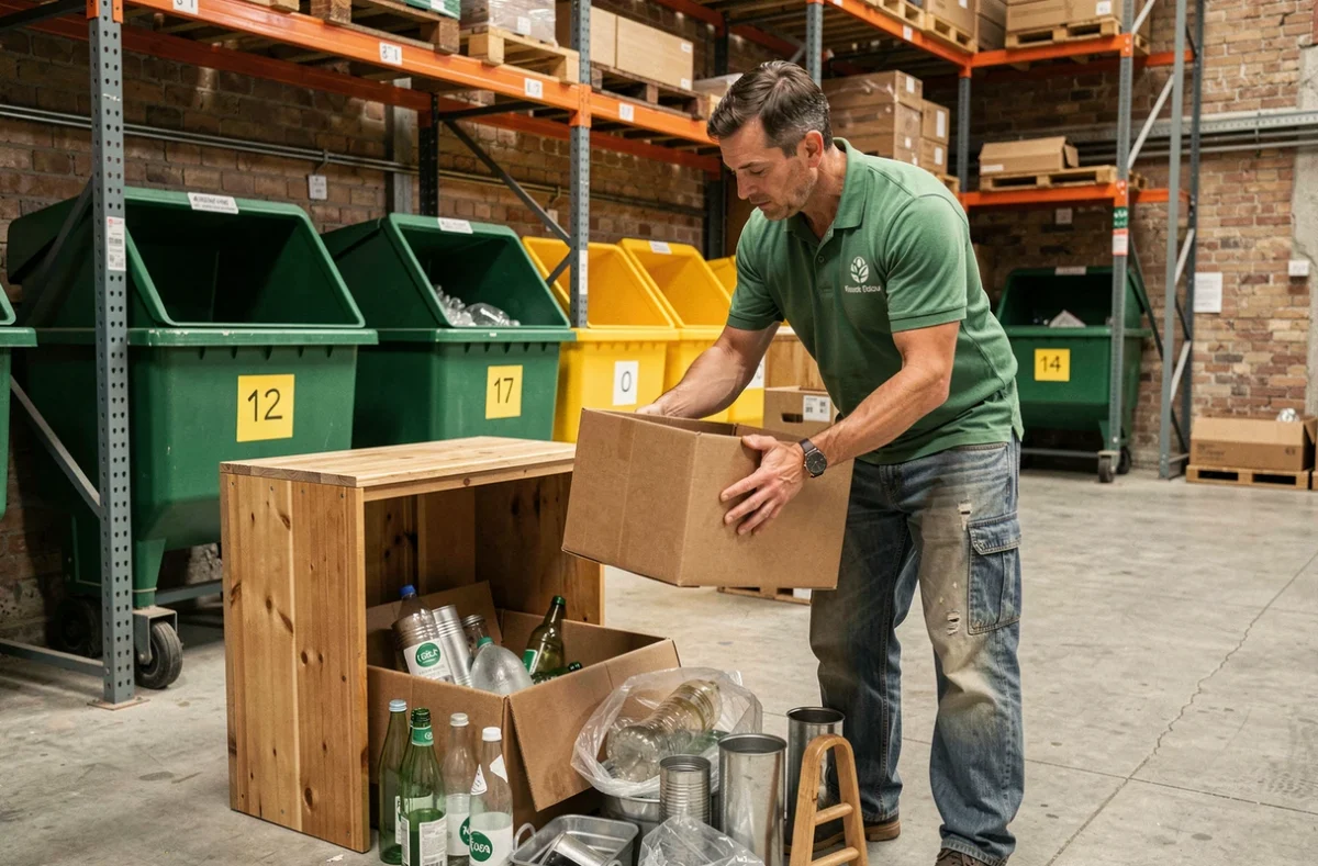 Travailleur d'Éco Débarras triant des matériaux recyclables dans un entrepôt à Lyon
