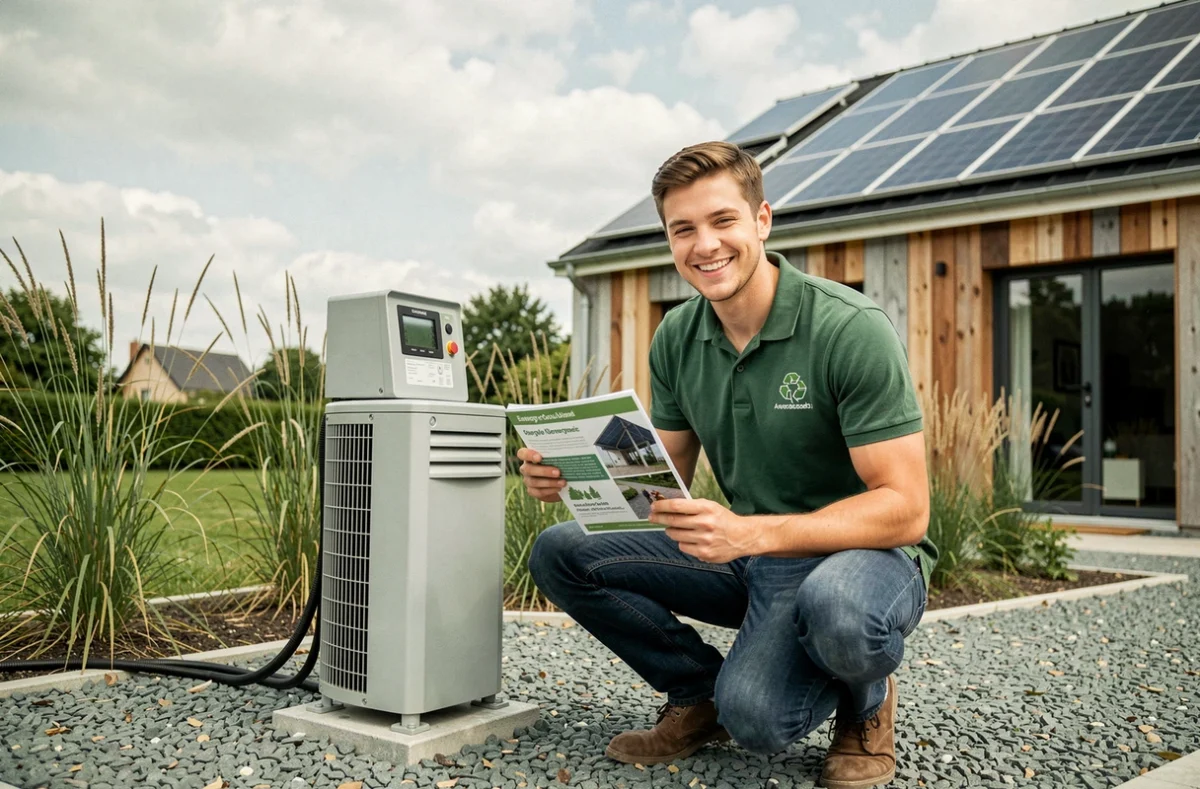 Consultant d'ECO SYSTEME DURABLE présentant une solution de pompe à chaleur dans une maison écologique