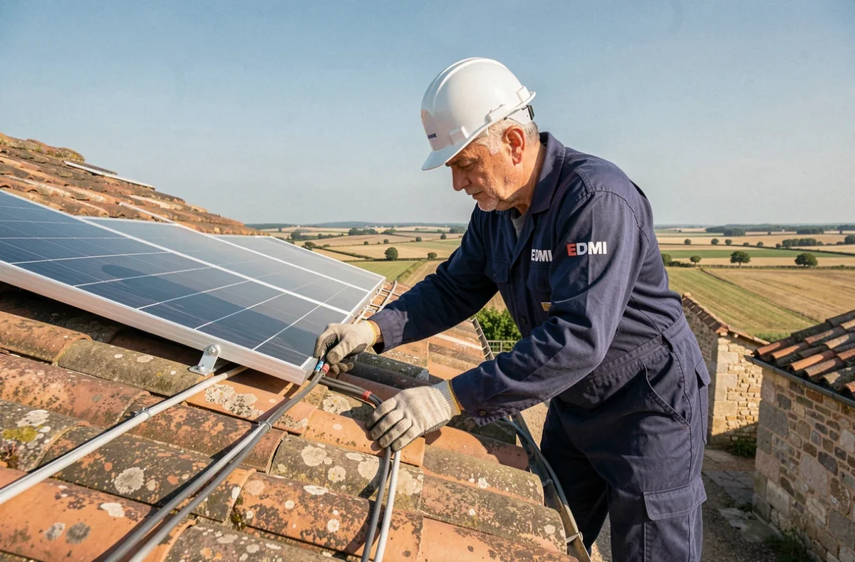 &Eacute;lectricien EDMI installant le c&acirc;blage de panneaux solaires sur le toit d'une ferme gasconne dans le Gers