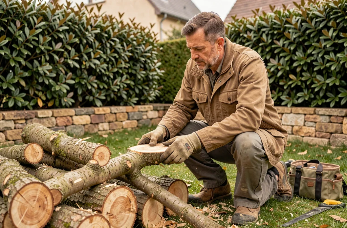 Élagueur inspectant des sections de branches coupées dans un jardin résidentiel à Angoulême en Charente