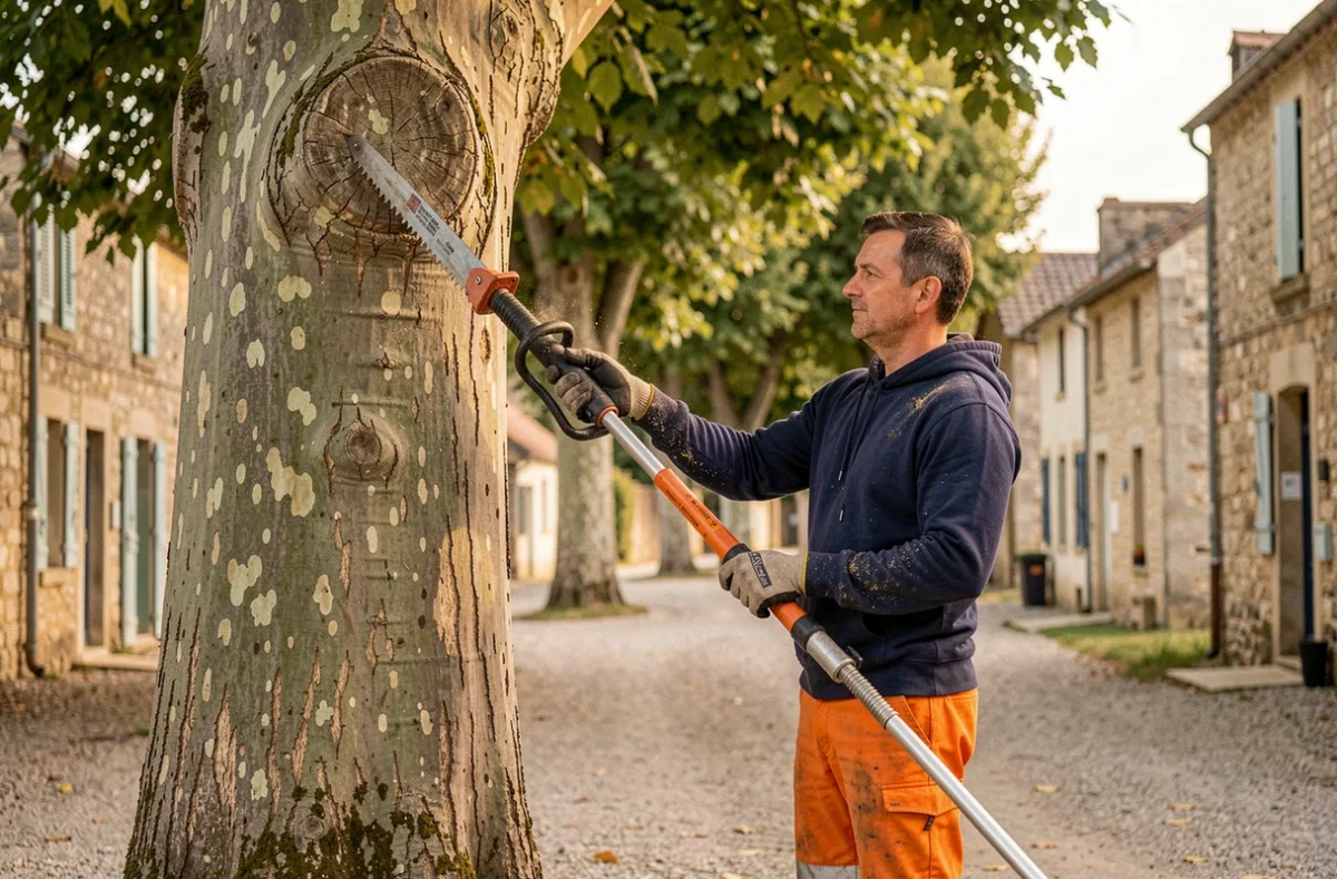 Élagueur utilisant une perche télescopique pour tailler un platane en bord de route en Charente