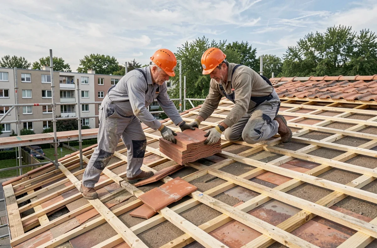 Équipe d'Elal Toiture et Bâtiment rénovant une toiture résidentielle à Sarcelles