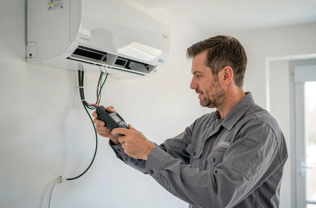 Technicien d'Elec Confort Clim inspectant une climatisation murale avec raccordement &eacute;lectrique