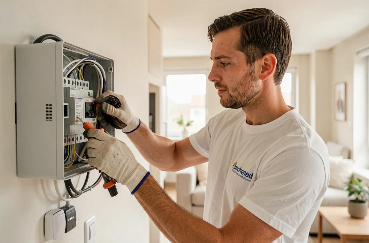 Électricien d'Elec Home raccordant un tableau domotique dans une maison moderne à Mulhouse