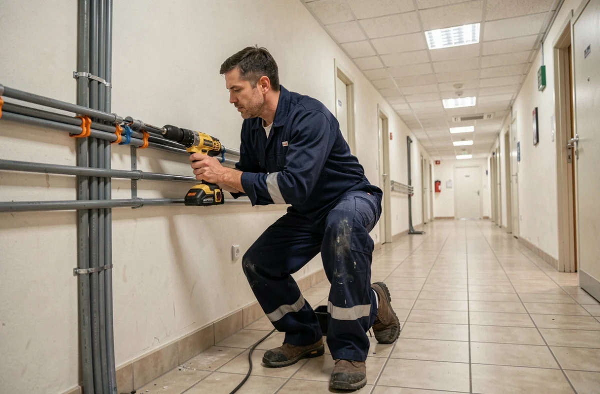&Eacute;lectricien d'Elec'bekeur posant un conduit &eacute;lectrique dans le couloir d'un b&acirc;timent commercial &agrave; Argenteuil