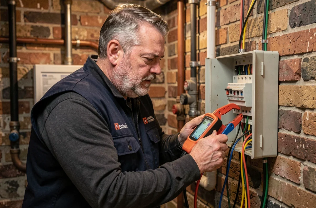 &Eacute;lectricien &Eacute;lectricit&eacute; Brunet testant des connexions &eacute;lectriques dans une cave technique avec un amp&egrave;rem&egrave;tre &agrave; pince en Maine-et-Loire