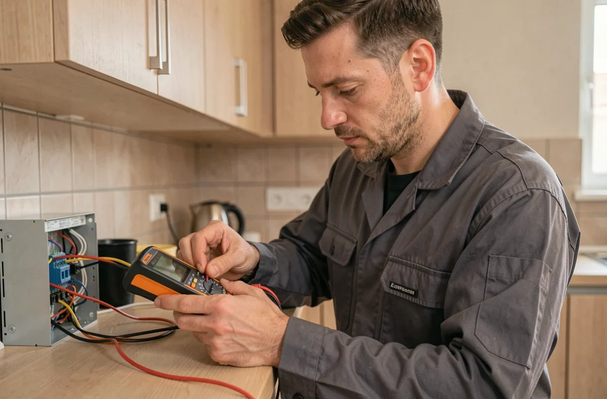 Électricien d'Electricité Vervaeke testant des circuits électriques dans une cuisine résidentielle à Mulhouse