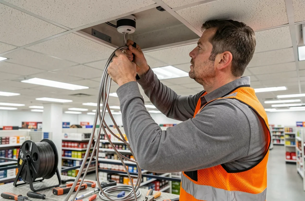 Électricien Electro Copernic tirant des câbles de vidéosurveillance dans un faux plafond de commerce