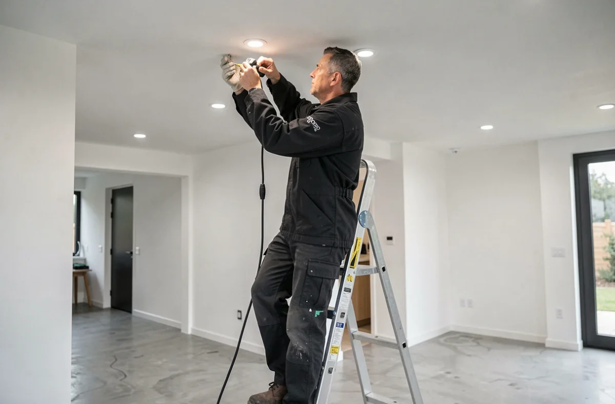 &Eacute;lectricien d'Elek Bordeaux installant des spots LED encastr&eacute;s dans un int&eacute;rieur contemporain