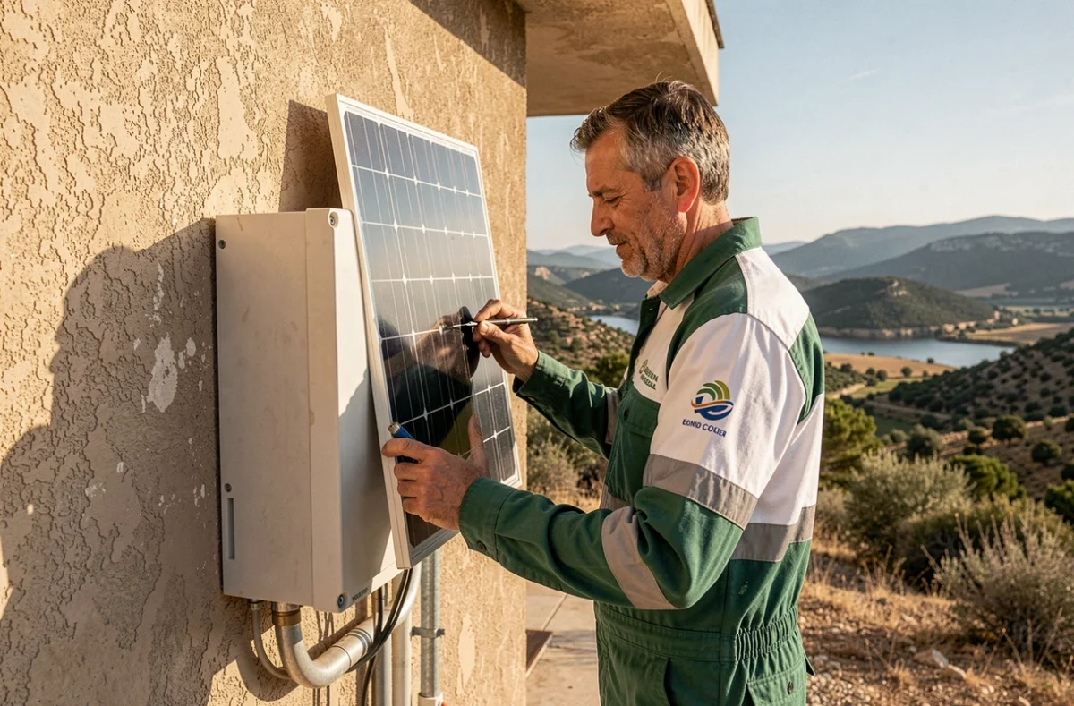 Technicien &Eacute;nergie Catalane Ard&eacute;choise inspectant un onduleur solaire sur une maison contemporaine en Ard&egrave;che