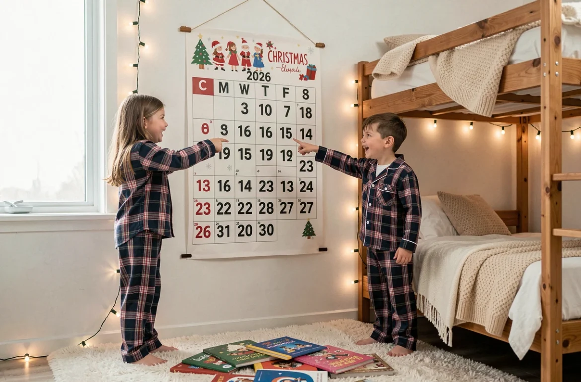 Deux enfants en pyjama &agrave; carreaux pointant un compte &agrave; rebours de No&euml;l 2026 affich&eacute; sur le mur de leur chambre