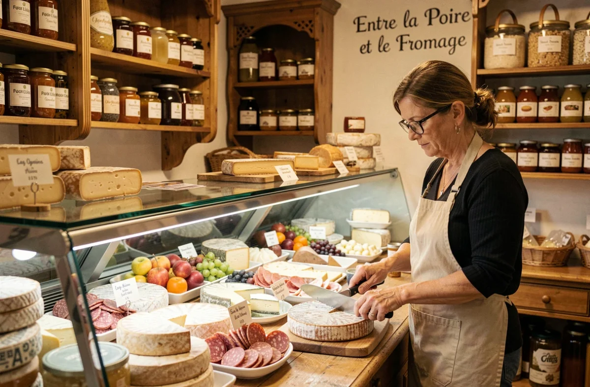 Fromagerie artisanale Entre la Poire et le Fromage aux Molières avec une fromagère découpant un fromage bio devant un présentoir garni