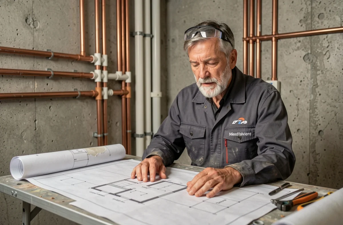 Responsable de l'Entreprise Antoine Prinz consultant des plans de rénovation dans une salle de bain en cours d'installation en Moselle
