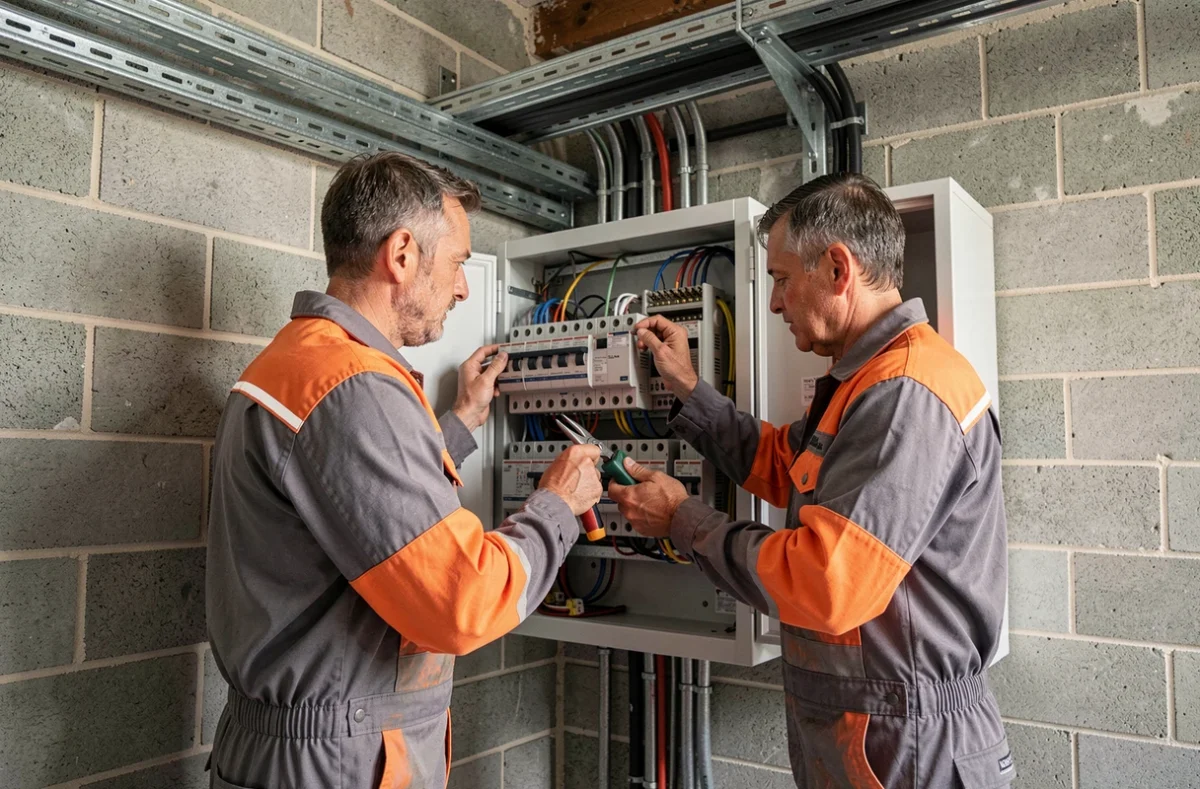 Deux &eacute;lectriciens de l'Entreprise D Electricite installant un tableau de disjoncteurs dans un immeuble &agrave; Argenteuil
