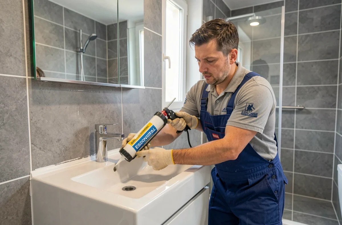 Plombier de l'entreprise Leroy installant un lavabo dans une salle de bain rénovée en Essonne