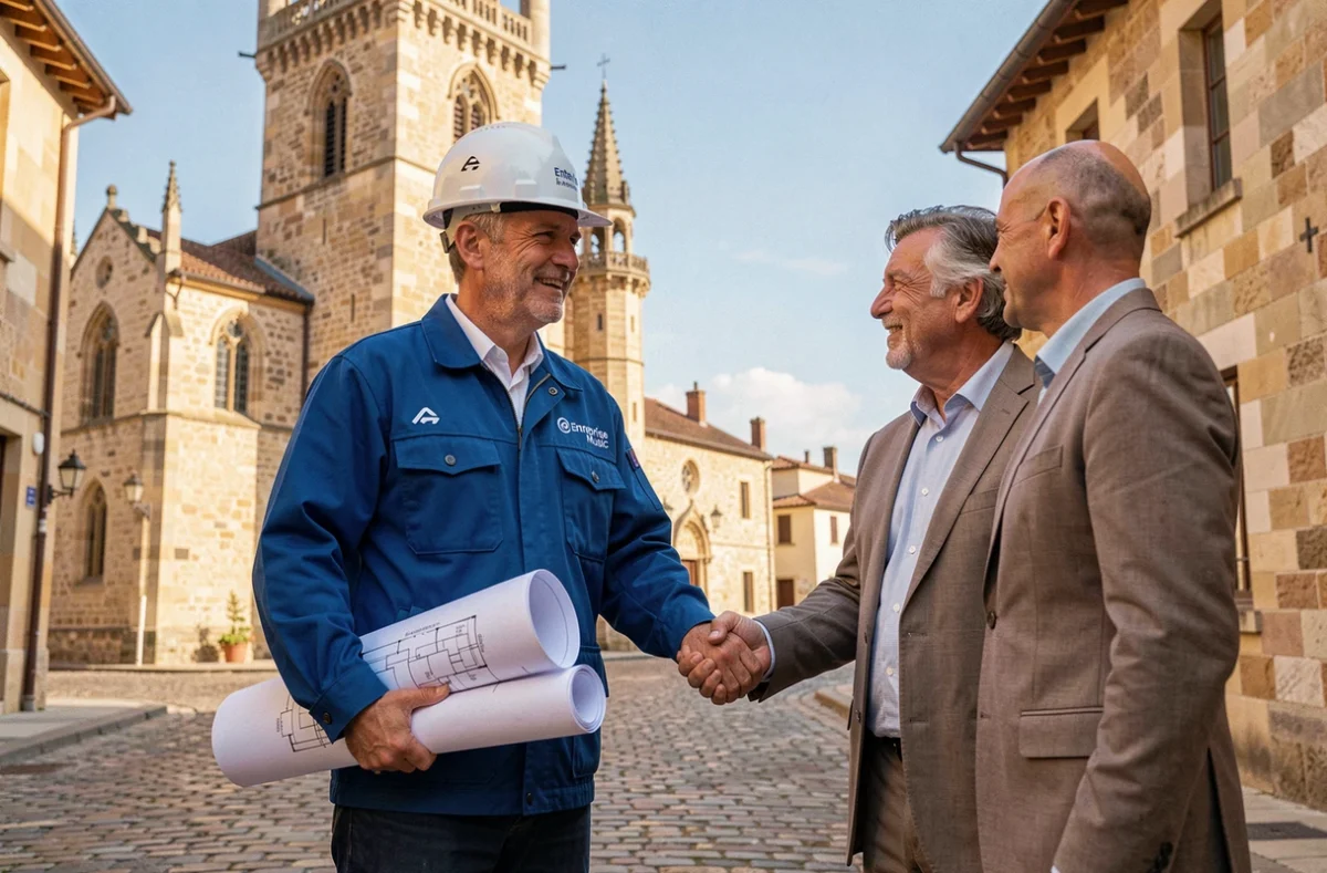 &Eacute;lectricien de l'Entreprise Music rencontrant un client devant les monuments historiques d'Auch dans le Gers