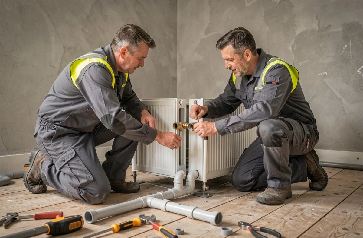 Équipe de l'Entreprise Simon-Noble installant un système de radiateurs dans une maison rénovée