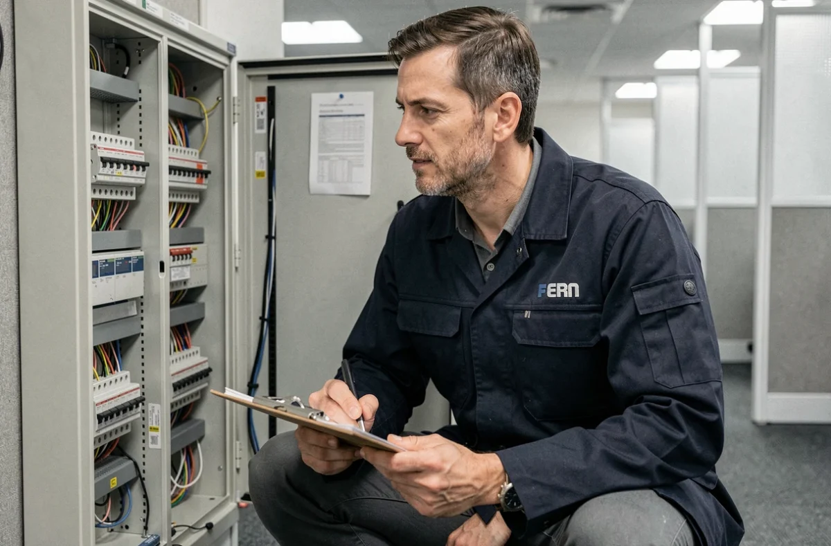 &Eacute;lectricien ERI intervenant sur un tableau de distribution dans un espace commercial &agrave; Argenteuil