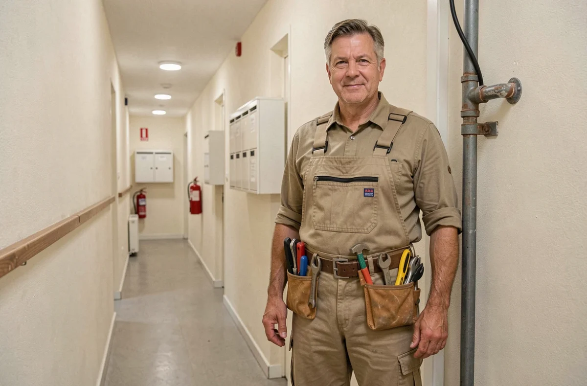 Eric Agent Polyvalent posant dans le couloir d'un immeuble apr&egrave;s une r&eacute;paration de canalisation