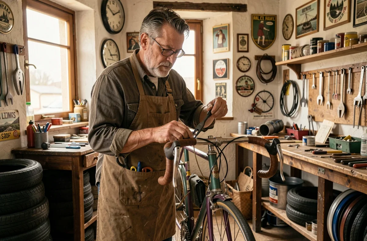 R&eacute;parateur ind&eacute;pendant Espanet rempla&ccedil;ant les c&acirc;bles de frein d'un vieux v&eacute;lo de randonn&eacute;e dans son atelier nantais