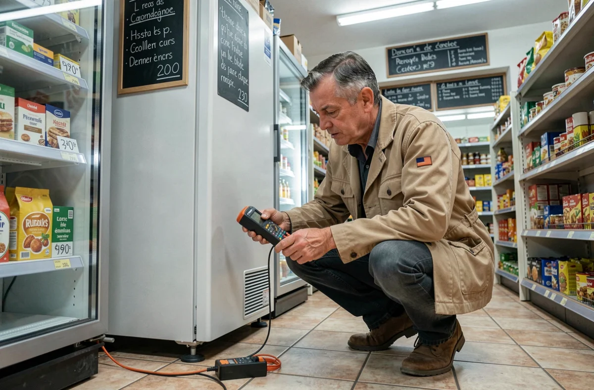 Technicien des Établissements Savroly réparant une unité de réfrigération dans un commerce local