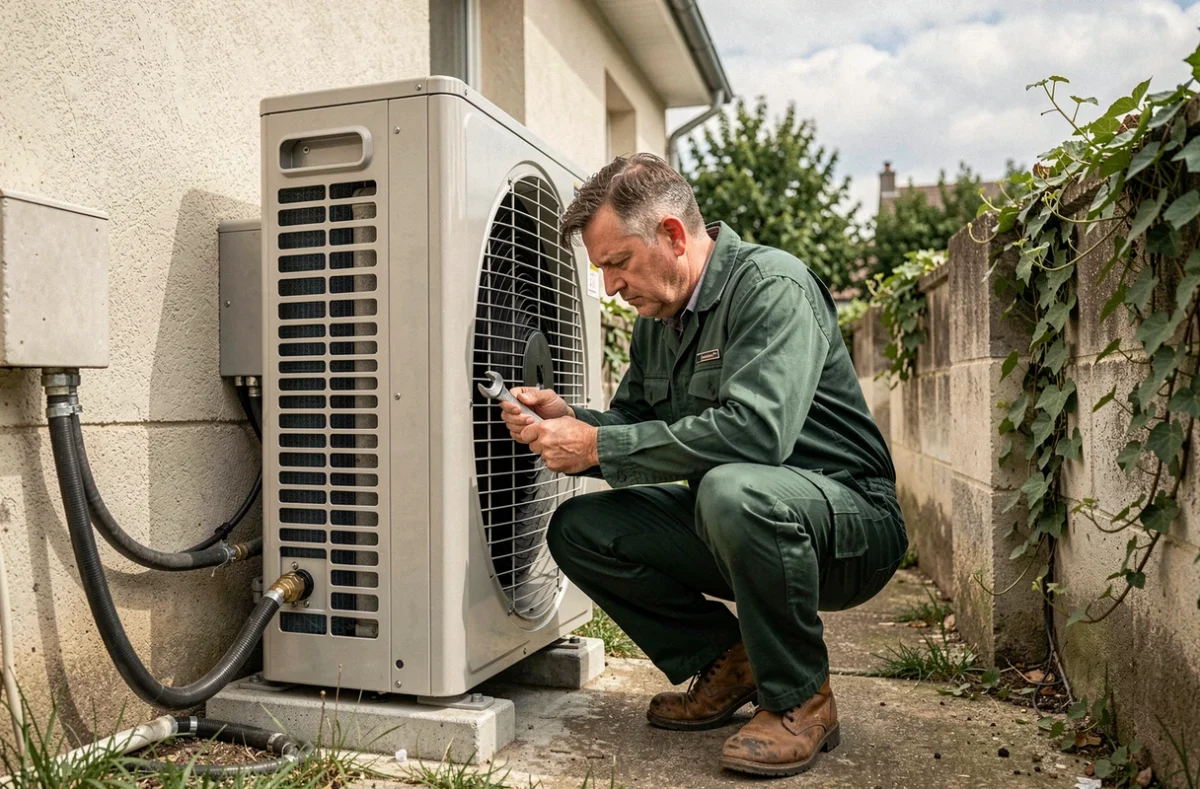 Technicien de Ets DS Thermique vérifiant les connexions d'une pompe à chaleur air-eau