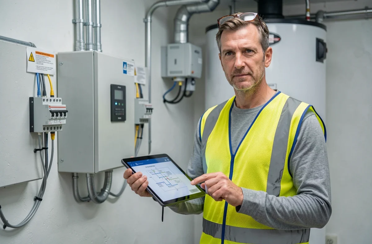 Électricien de Ets R-Elec Solutions travaillant sur le tableau électrique d'une installation de pompe à chaleur