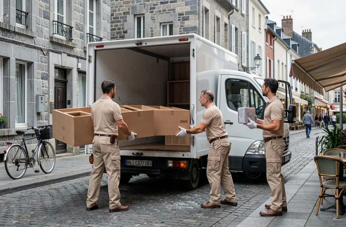 D&eacute;m&eacute;nageurs Ets Sage chargeant des meubles dans un camion dans une rue de ville normande