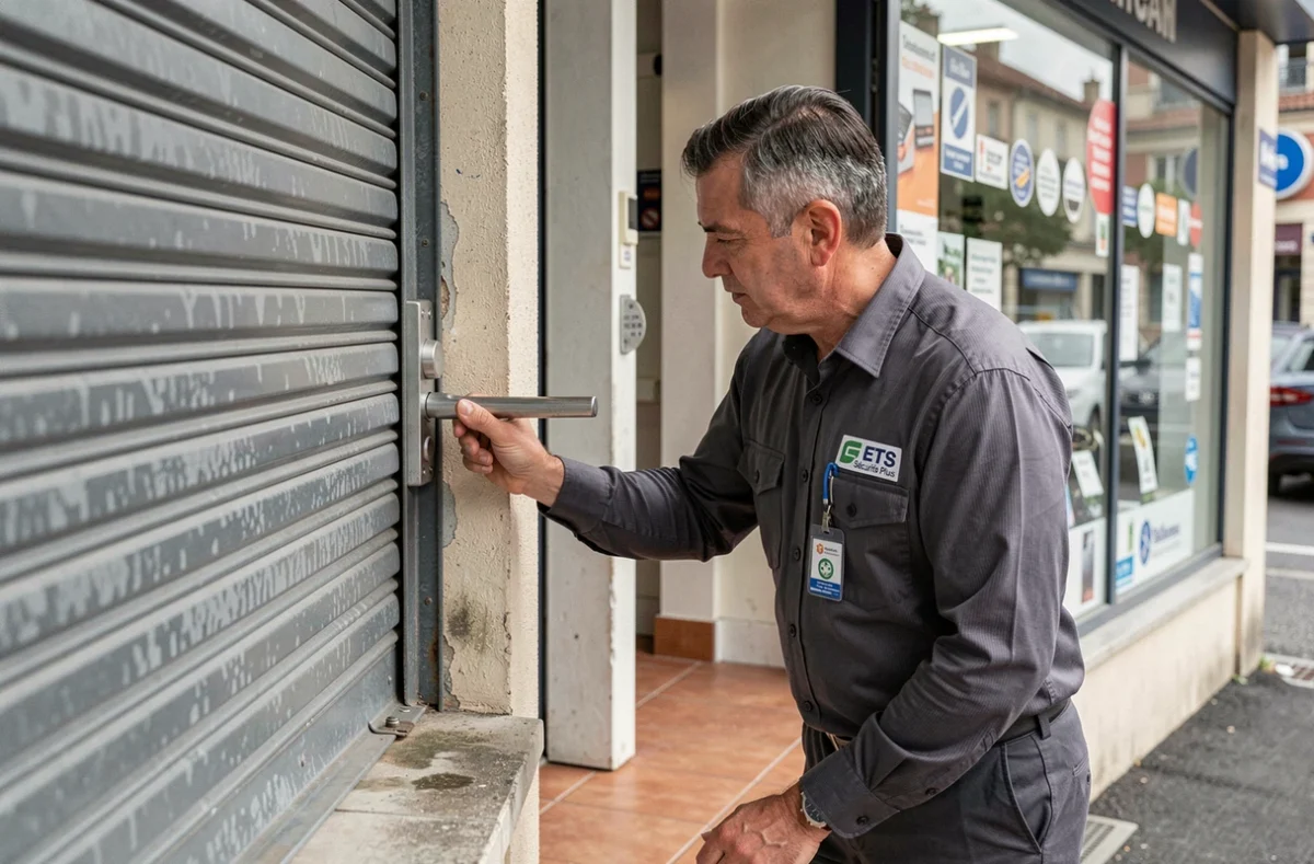Technicien ETS S&eacute;curit&eacute; Plus inspectant les serrures et le cadre de porte d'un commerce &agrave; Colombes