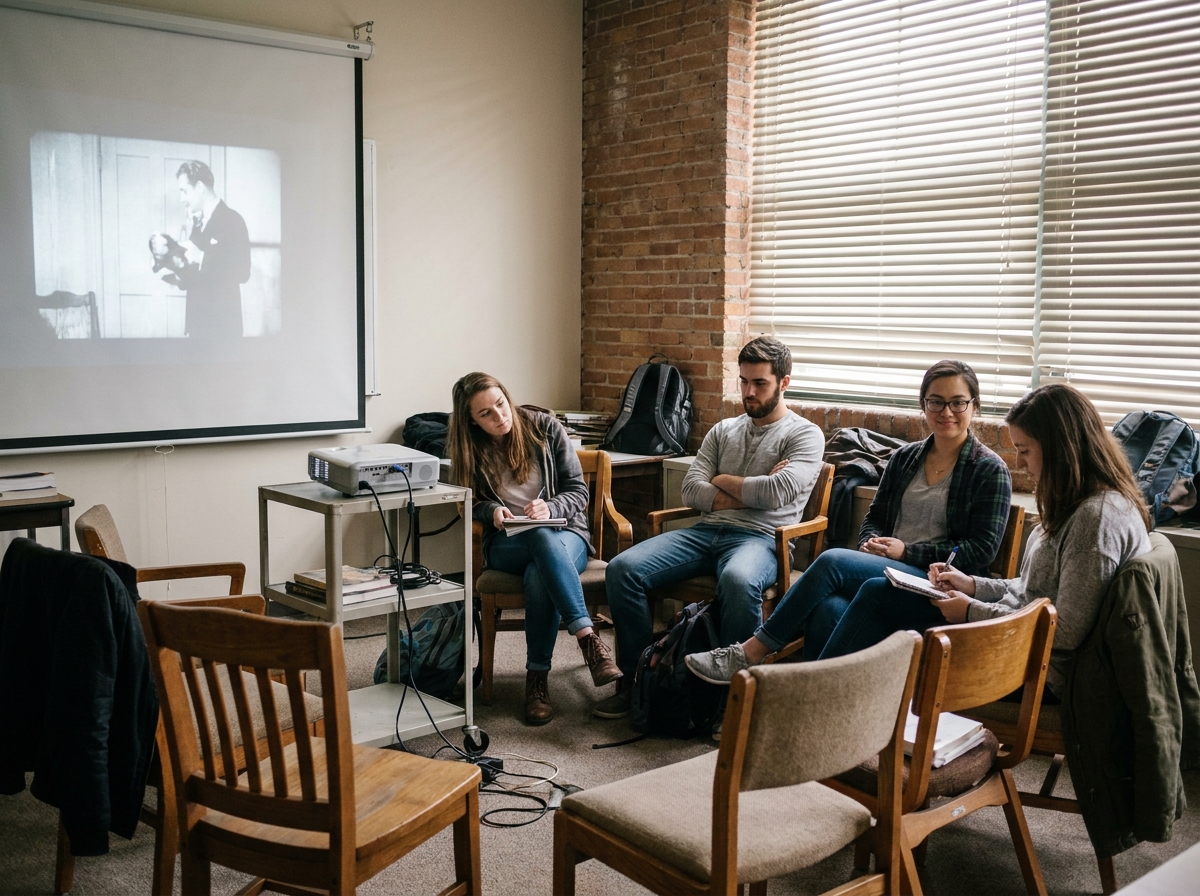 Groupe d'&eacute;tudiants en cin&eacute;ma regardant une projection de court-m&eacute;trage dans une salle de cours am&eacute;nag&eacute;e