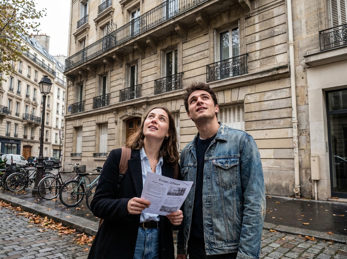Deux &eacute;tudiants devant un immeuble r&eacute;sidentiel urbain lors d'une visite de logement &agrave; louer