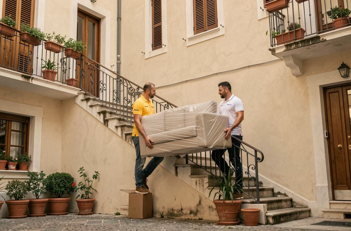 &Eacute;quipe Eurodem Movers portant un canap&eacute; emball&eacute; dans la cage d'escalier d'un immeuble europ&eacute;en