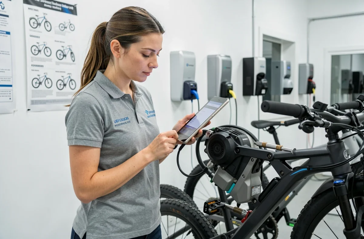 Technicienne d'EVTT Provence effectuant un diagnostic électronique sur un vélo électrique dans un atelier moderne