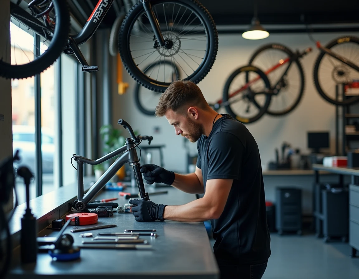 Atelier Extreme Bikes Marseille avec vélos de montagne suspendus et technicien travaillant sur une fourche de suspension