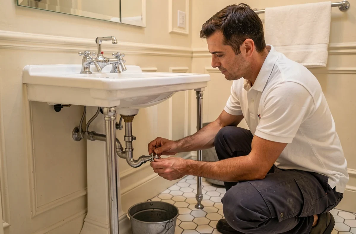 Faria Joaquim rempla&ccedil;ant un robinet sur un lavabo &agrave; colonne dans une salle de bain ancienne en France