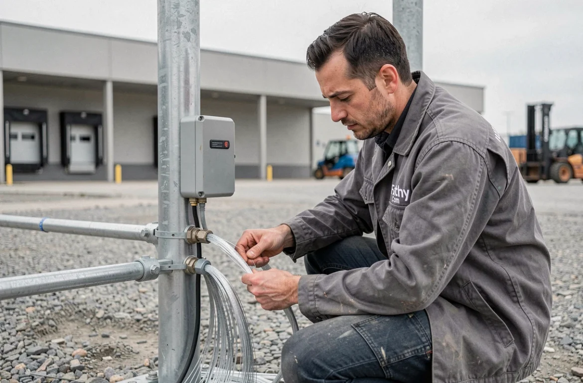 Installateur Fathy Com câblant une boîte de jonction extérieure dans une zone industrielle