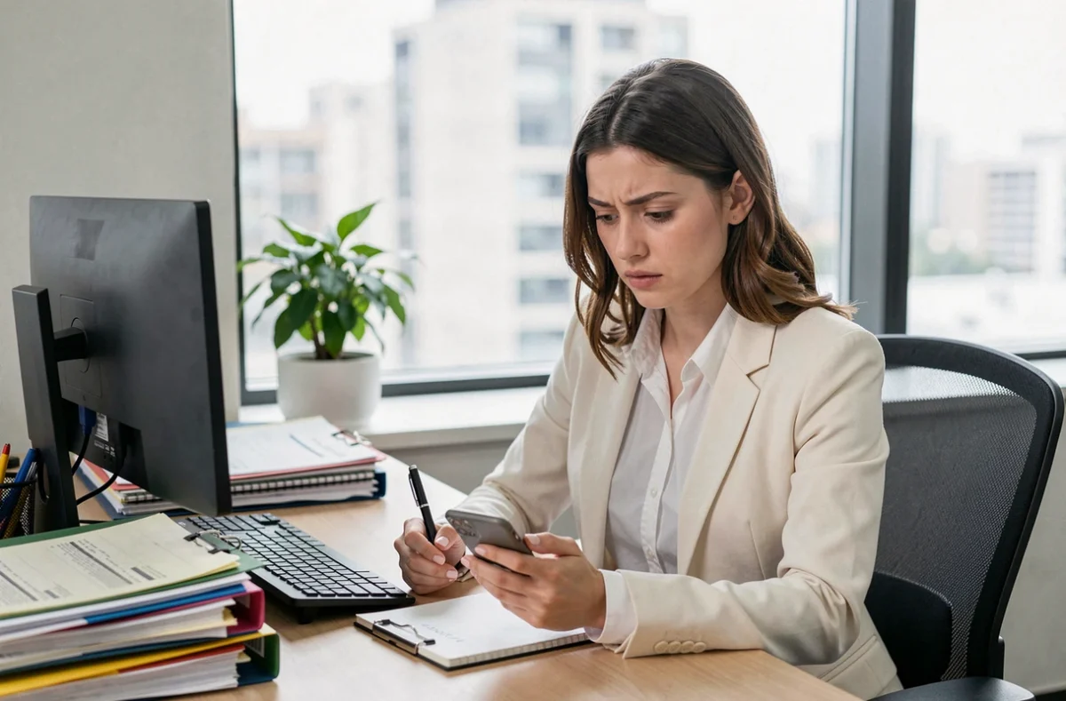 Jeune femme au bureau h&eacute;sitant &agrave; r&eacute;pondre &agrave; un appel t&eacute;l&eacute;phonique d'un num&eacute;ro inconnu potentiellement frauduleux