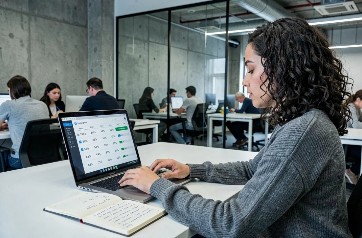 Femme consultant un tableau de conversion en ligne sur ordinateur portable avec notes manuscrites dans un espace de coworking